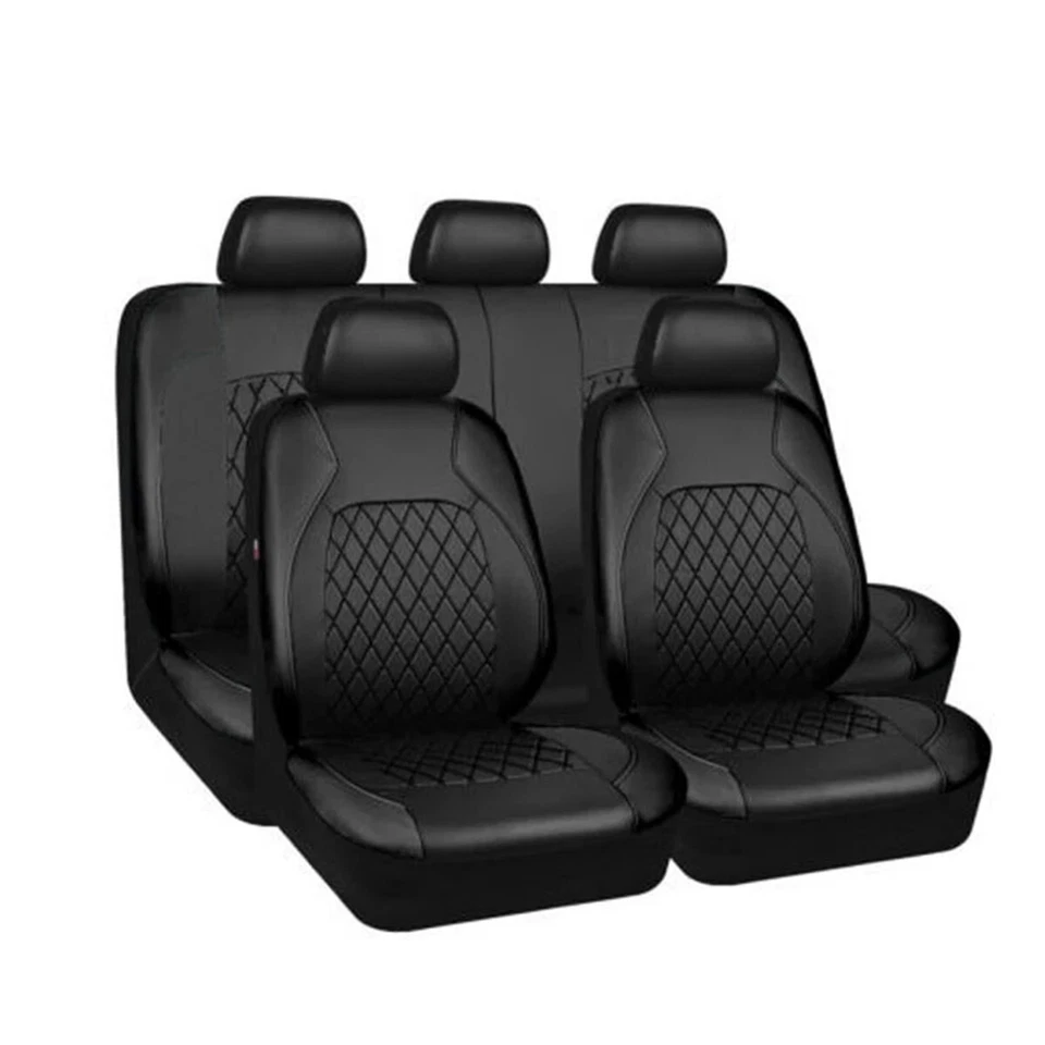 Juego completo de fundas de asiento de coche delanteras traseras de cuero negro de 5 plazas cojín interior 9 piezas Foto 1 de 4