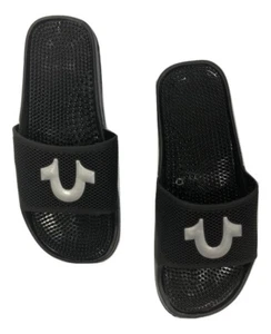 True Religion Men's Silver Metallic Horseshoe Logo Slide Sandals in Black - Picture 1 of 7