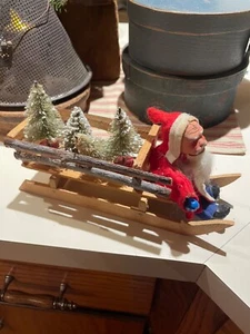 Vintage Clay Face Santa in a Sleigh with 4 Bottle Brush Trees - Picture 1 of 7
