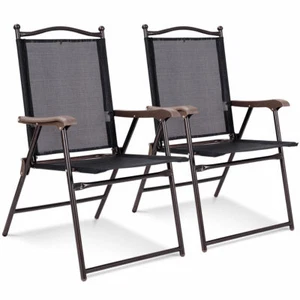 Set of 2 Patio Folding Sling Back Chairs Camping Deck Garden Pool Beach Black - Picture 1 of 12