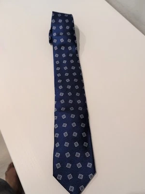 全新带标签 David Donahue 手工制作蓝色方形图案男式经典 100% 真丝领带美国 — 第 1/4 张图片