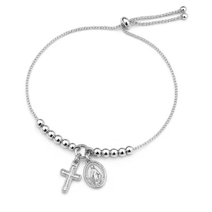 925 Sterling Silver Prayer Bracelet – 7” Length, 3mm Beads, Cross & Virgin Mary - Picture 1 of 5