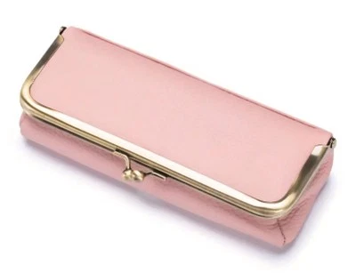 Genuine Leather Kiss Lock Eyeglasses Case Long Wallet Pencil Holder Storage Bag - Image 1 of 4