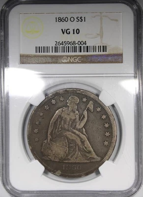 Dólar libertad sentada 1860-O NGC VG10 bajo grado $1 Foto 1 de 4