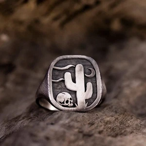 Cactus With Skull Signet Ring 925 Sterling Silver Dainty Handcrafted Ring - Picture 1 of 6