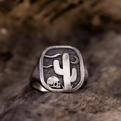 Cactus With Skull Signet Ring 925 Sterling Silver Dainty Handcrafted Ring - Image 1 of 4