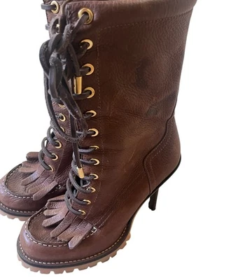 Tory Burch Trigg Heeled/Platform Lug Sole Lace Up Boots Size 7.5 Brown Mid Calf - Image 1 of 4