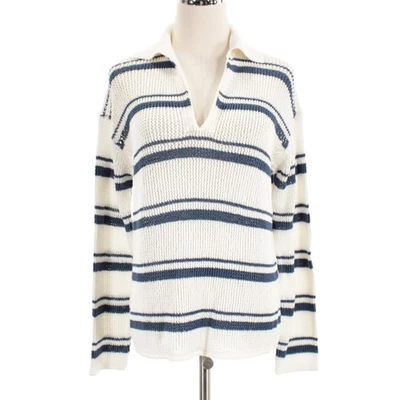 Vince NWD Crochet V-Neck Pullover Sweater Size M in White / Blue Stripes Cotton - Image 1 of 4