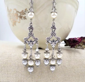 Victorian Reproduction Gray Cream Pearl Crystal Handmade Chandelier Earrings - Picture 1 of 10