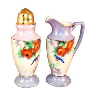 Noritake Pearlized Lusterware Berry Set/Creamer & Sugar Shaker Bluebird & Roses - Picture 1 of 3