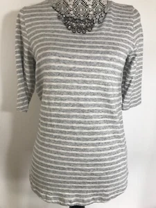 J Crew Womens Black Label Gray & White Stripe Embellished Top Sz M Short Sleeve - Picture 1 of 9