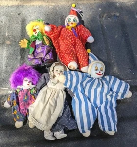 Vintage Harlekin Clown Puppe Porzellankopf Sitzsack Körper Lot (5) gestreift - Bild 1 von 15