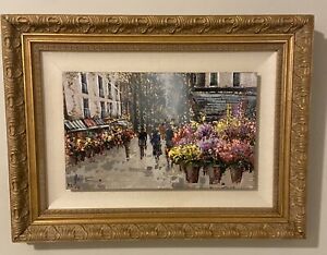 Beautiful impressionism Signed oil painting, Flower Stores On Paris Street Scene