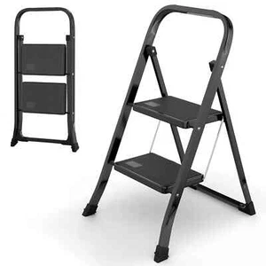 Steel Folding 2-Step Stool Ladder Adults With Soft-Grip Handle 330 Lbs Black - Picture 1 of 6