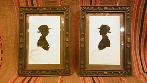 Antikes Paar italienische Silhouetten zwei Damen Frauen geschnitzter Holzrahmen - Bild 1 von 10