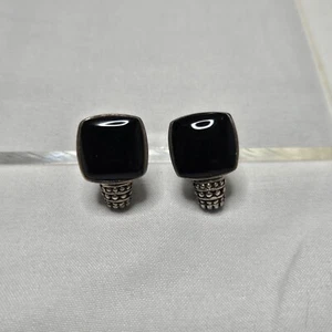 Silver Onyx Earrings Black Square Sterling 925 Signed NF Thailand Dotted Bezel - Picture 1 of 11