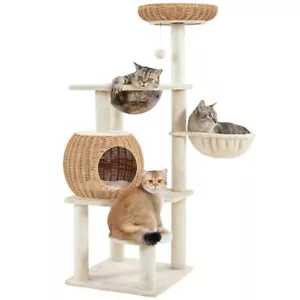 54in Cat Tree Rattan Cat Tower with Luxury Woven Condo and Sisal Scratching Post - Picture 1 of 12