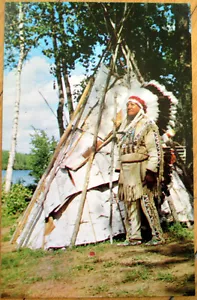 1960er Indianer Chrom Postkarte: Indianerhäuptling & Tipi, volle Adresse - Bild 1 von 1