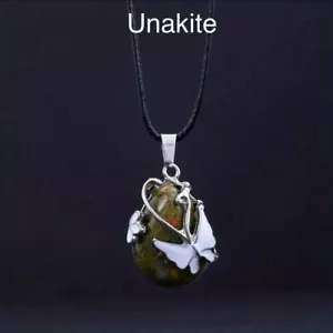 Collana Ciondolo Pietra Preziosa Farfalla Cristallo Pietra Naturale Unakite Gioielli - Foto 1 di 2