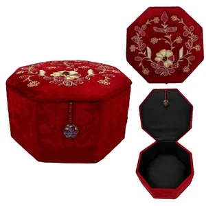 Vintage 90s Pier 1 Beaded Gold Thread Red Velvet Octagon Trinket Storage Box - Picture 1 of 12