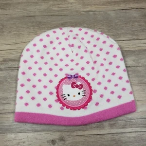 Hello Kitty Beanie Knit Cap Hat Polka Dot Girls OS White Pink Sanrio - Picture 1 of 8