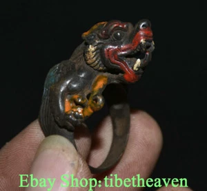 1.2" Old Tibetan Bronze Painting Dynasty Palace Pixiu Beast Head Hand Ring - Picture 1 of 5
