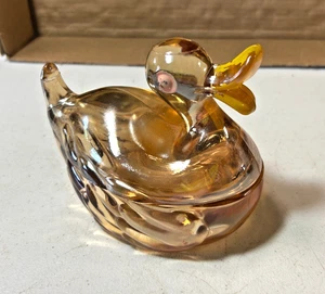 Vintage Amber Jeanette Carnival Glass Nesting Duck Glass Covered Dish 1950's - Picture 1 of 11