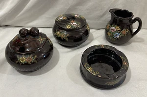 VTG 1960'S SET BLACK ENAMEL HAND-PAINTED SUGAR, CREAMER, JAM & ASHTRAY MCM-JAPAN - Picture 1 of 10