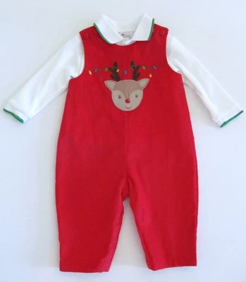 NWT Petit Ami Boutique Baby Boy Outfit 12 Mo Red Corduroy Christmas Reindeer - Image 1 of 4
