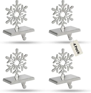 4-Pack Chrome Snowflake Christmas Metal Weighted Stocking Holders for Mantle - Picture 1 of 7