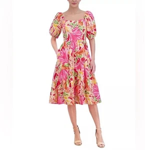 Vince Camuto rosa Blumendruck Puffärmel quadratischer Ausschnitt A-Linie Midikleid 18W Neu mit Etikett - Bild 1 von 8