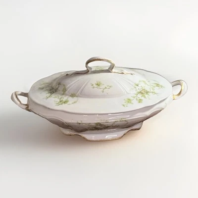 "Antiguo Limoges Francia PL LS&S Cubierto Tureen Verde Floral Borde Dorado Manijas de 13""" Foto 1 de 4
