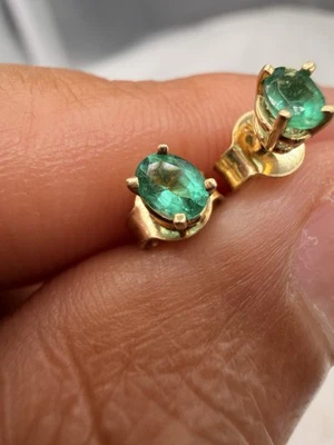 14k Yellow Gold Lab-Grown Emerald Earrings. - Image 1 of 4