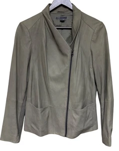 Vince Women's Leather Jacket Asymmetrical Moto Olive Taupe Large Knit Panel - Picture 1 of 10