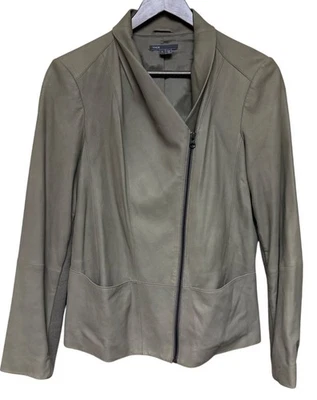 Vince Women's Leather Jacket Asymmetrical Moto Olive Taupe Large Knit Panel - Image 1 of 4