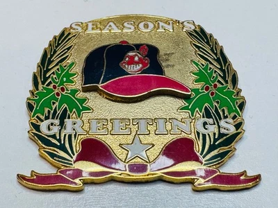 Cleveland Indians Lapel Pin Seasons Greetings Wreath Holly Bow Christmas Brass - Image 1 of 2