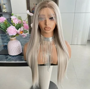 HD Front Lace Wig Human Hair Blend Highlights Wavy Curly Long Blonde Ombre - Picture 1 of 6