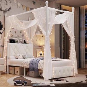 Twin Size Button Tufted Velvet Upholstered Platform Canopy Bed Frame Drawer UBS - Picture 1 of 5