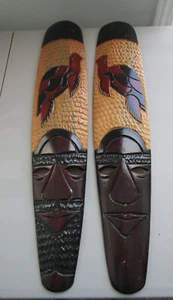 Pair of Jamaican Wooden Masks Hand Carved & Painted Wall Hanging Tiki Art 24” - Picture 1 of 10