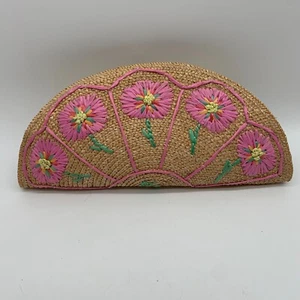 Lulu Guinness structured woven raffia clutch bag VGC floral embroidered flowers - Picture 1 of 11