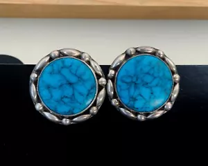 Large Round Sterling Silver Earrings 925 Mexico Screw Back Turquoise Bold - Picture 1 of 20