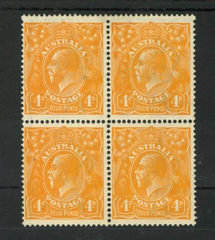 M2547 Australia 1917 SG22c - 4d pale orange yellow in a block of 4 Cover