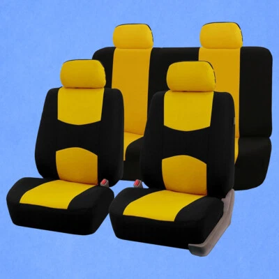 New Full Set Yellow Car Seat Cover Front Rear Seat Protect Mat Polyester Fabric - Image 1 of 4
