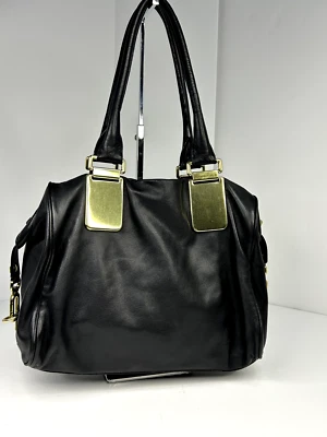 BANANA REPUBLIC SHOULDER SATCHEL TOTE BAG BLACK COW LEATHER ZIPPED GOLD ACCENT - Image 1 of 4
