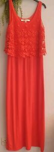 CORAL MAXI DRESS L MAX STUDIO CRUISE WEDDING LACE TOP OVERLAY SIDE VENT VGC S 