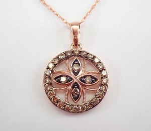 Cognac Diamond Halo Cluster Pendant Necklace Rose Gold 18" Chain FREE SHIPPING - Picture 1 of 5