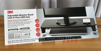 3M Adjustable Monitor Stand w/ 4-Port USB Hub, 21.6 in x 9.4 in, Black NEW - Image 1 of 4