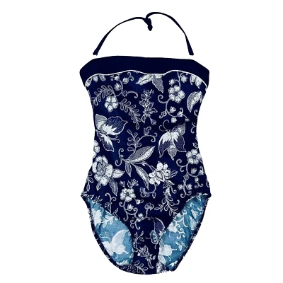 Traje de baño halter de una pieza con estampado floral blanco azul marino talla 10T Longitude Foto 1 de 4