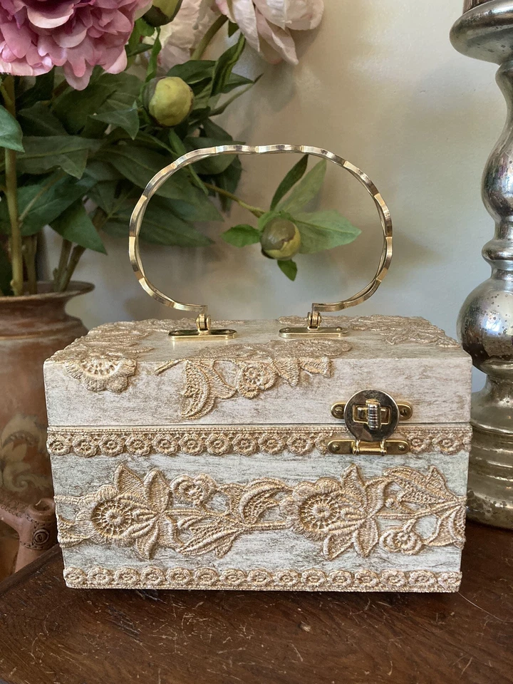 Vintage Wooden Box Purse Handbag Floral Lace Appliqué 1970s - Image 1 of 4