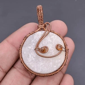 Designer White Druzy Agate Pendant Gemstone Copper Wire Wrapped Necklace - Picture 1 of 7